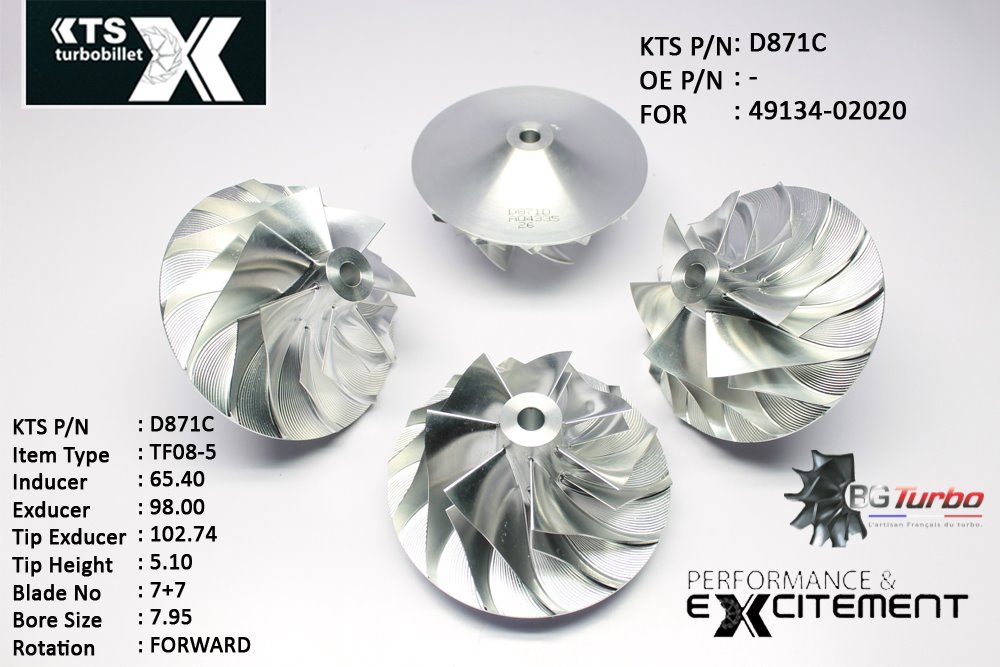 Turbo ROUE FORGÉE MFS PERFORMANCE - 7+7 PALES - INDUCER : 63,5 - EXDUCER : 92 - TYPE : TF08LANGLE : 60° - ROTATION : Forward - SUPER BACK : 11 - BORE SIZE : 7,95
